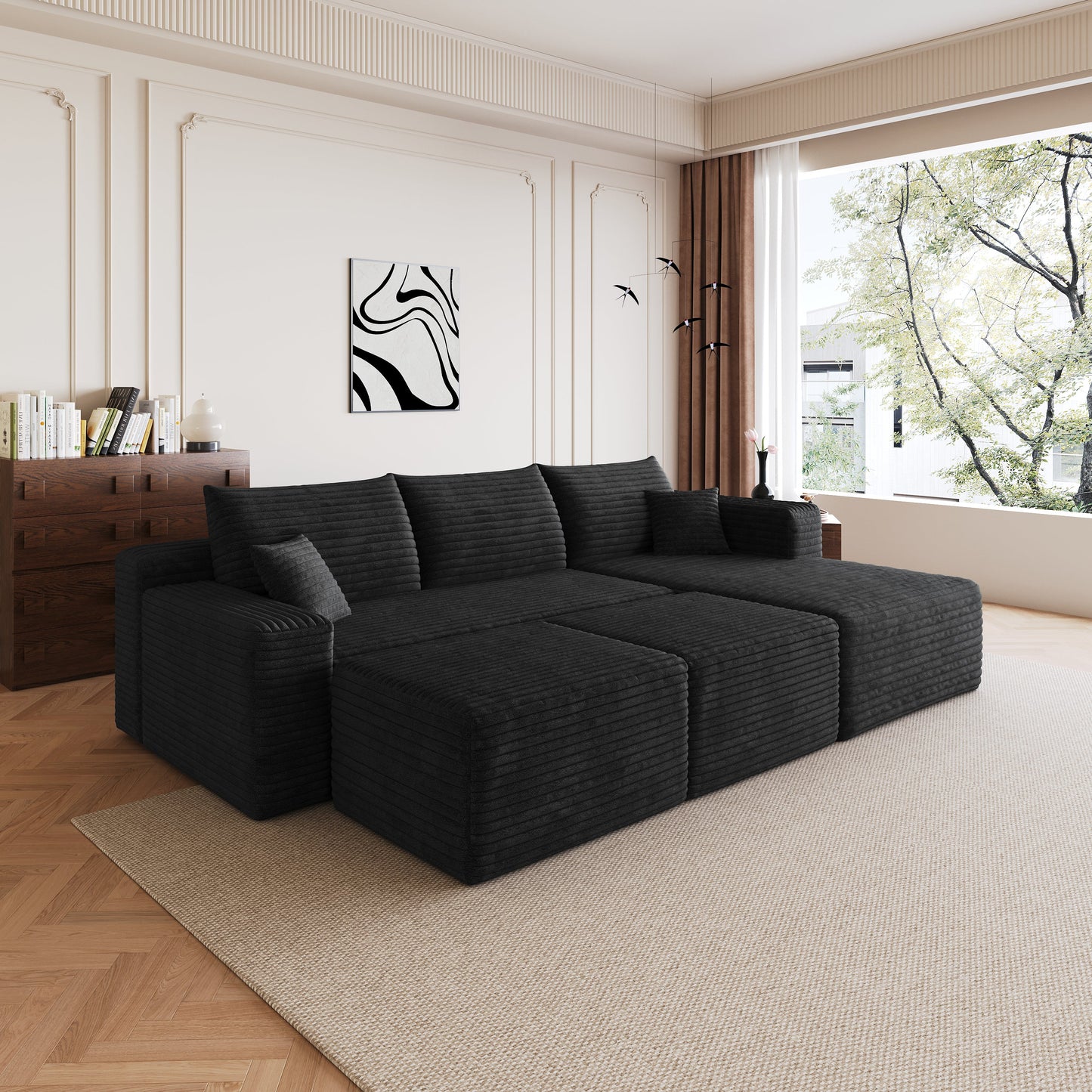 Plush Corduroy Cloud Sectional Sofa and Ottomans