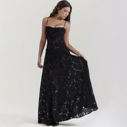 Black lace dress with spaghetti straps, sheer floral overlay, floor-length gown on Tampa Home & Garden Store