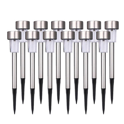 Stevvex stainless steel LED solar pathway lights set of 12 with clear caps and black stakes on Tampa Home & Garden Store