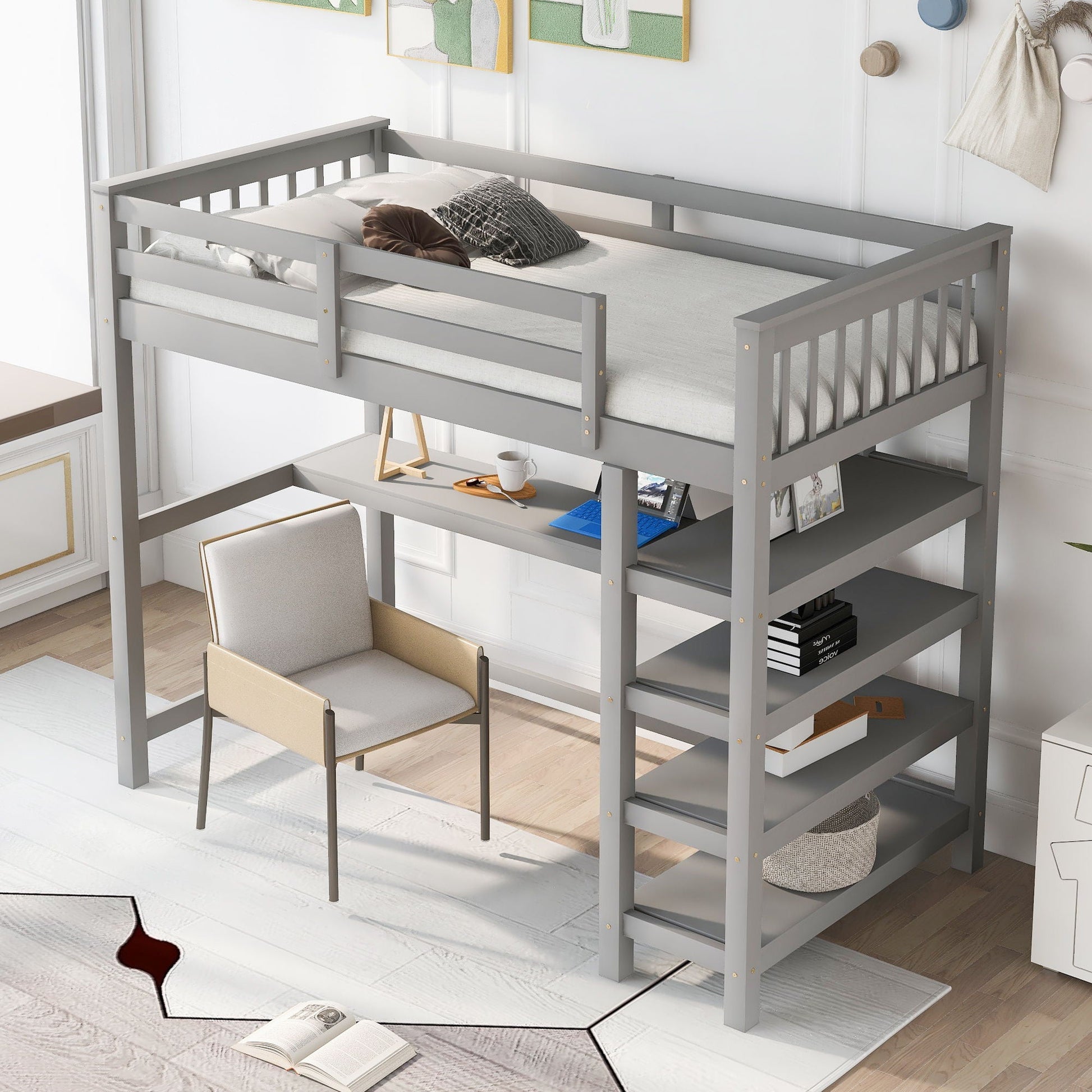 Loft bed with storage shelves and under-bed desk in gray, HouseOfZazla on Tampa Home & Garden Store