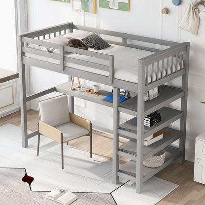 Loft bed with storage shelves and under-bed desk in gray, HouseOfZazla on Tampa Home & Garden Store