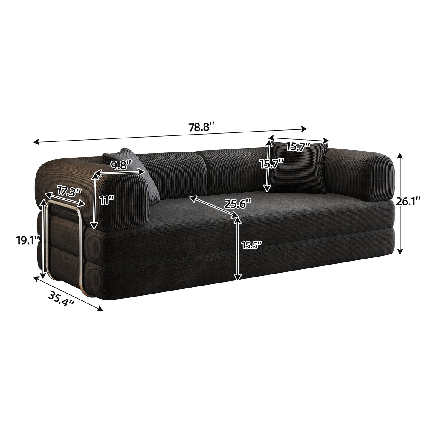 Compression sofa 78.8in black corduroy with pillow-back and sleeper bed HouseOfZazla on Tampa Home & Garden Store