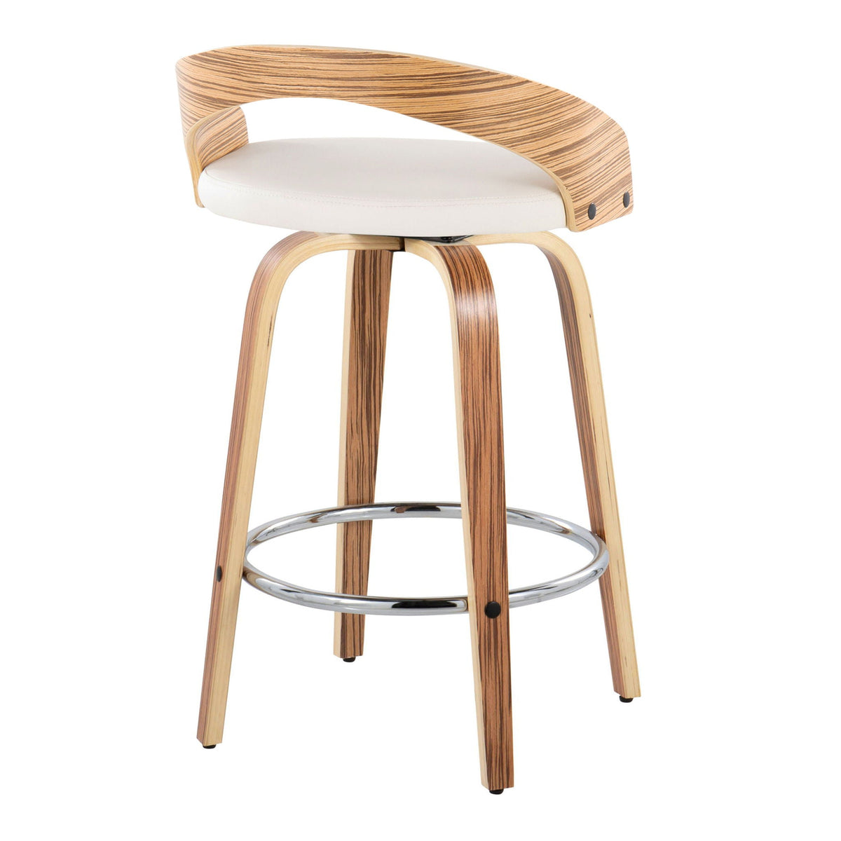 Counter stools 2-pack, mid-century modern, swivel with footrest, zebra wood veneer, white cushion on Tampa Home & Garden Store