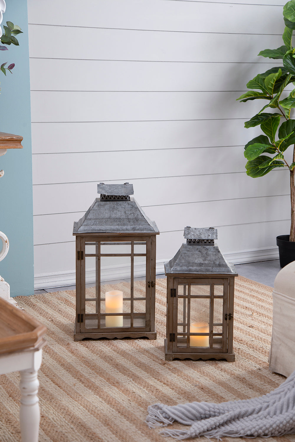 S/2 Classic Scape Lanterns pair in weathered gray metal with glass panels HouseOfZazla on Tampa Home & Garden Store