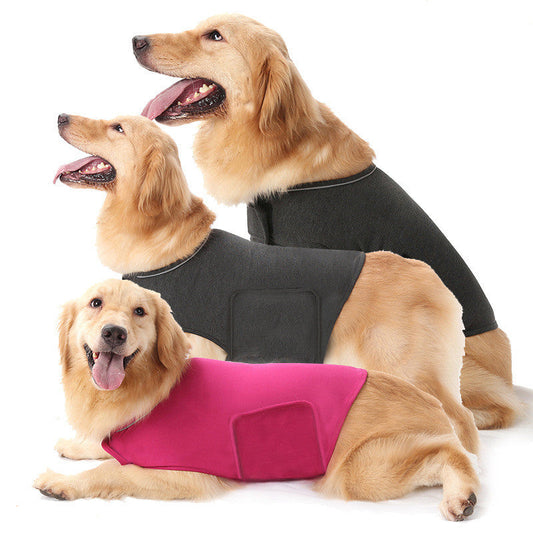 Pet Zen Anxiety Jacket Vest for dogs in black and pink with patch pocket worn by three dogs on Tampa Home & Garden Store
