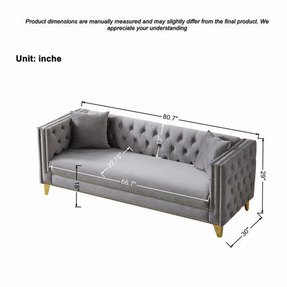 3 Seater Deep Seat Sofa with button tufting and nailhead trim, square arms, grey upholstery on Tampa Home & Garden Store