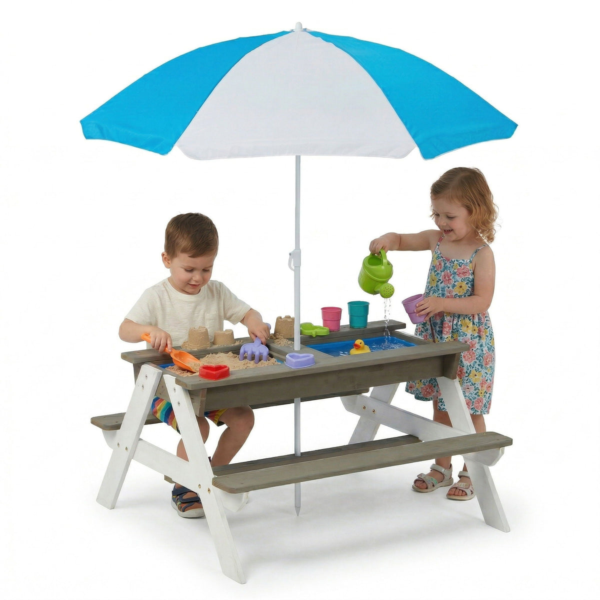 Kids Picnic Table with Sand and Water Conversion Cedar Table blue umbrella HouseOfZazla on Tampa Home & Garden Store