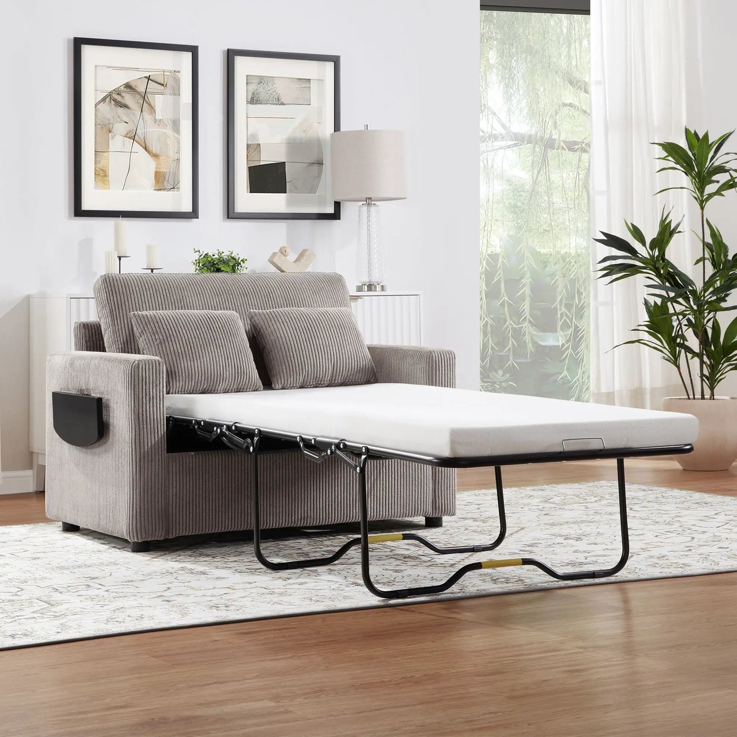 Sleeper sofa Unique Piece Furniture in gray corduroy with pull-out mattress and storage pocket on Tampa Home & Garden Store