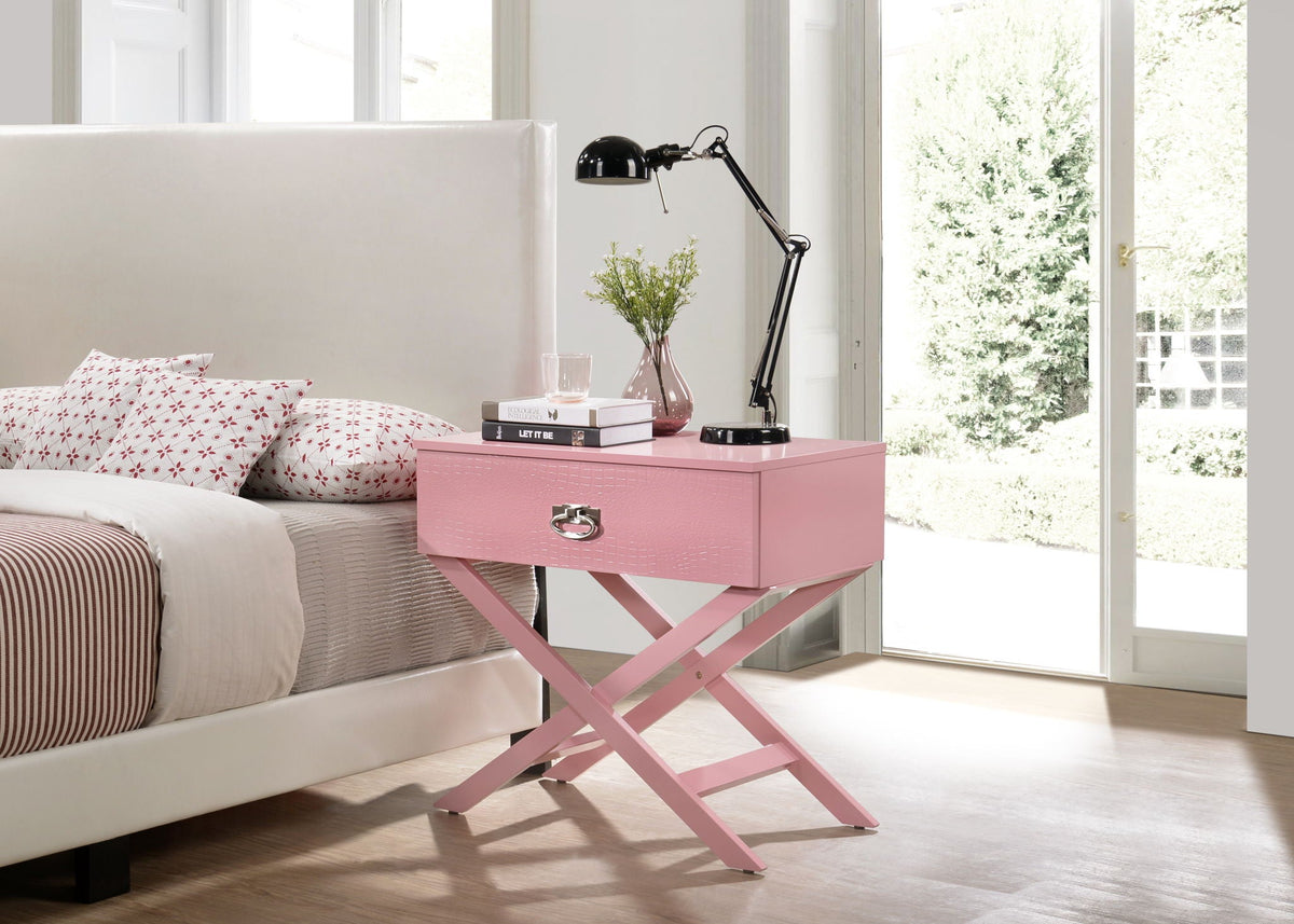 Pink solid-wood framed nightstand with textured drawer and metal handle by HouseOfZazla on Tampa Home & Garden Store