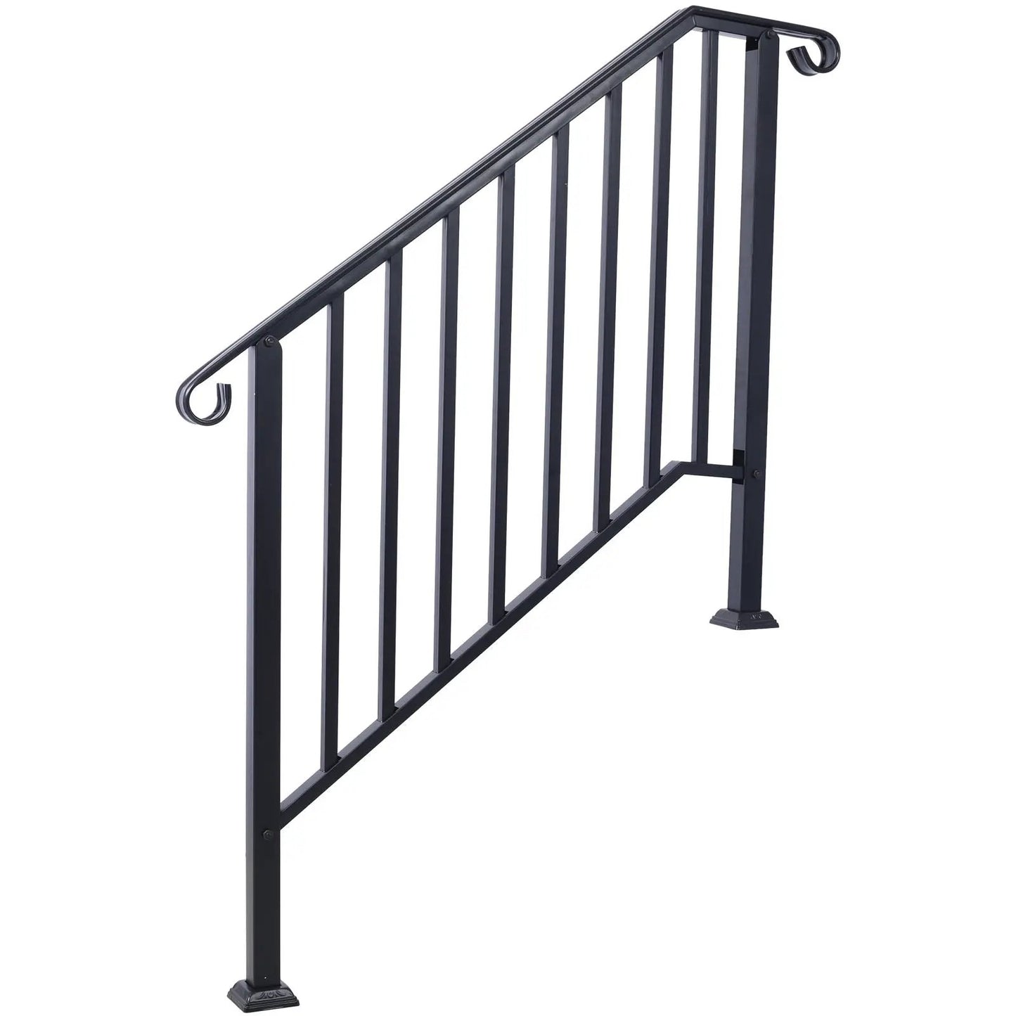 Outdoor stair handrail in black wrought iron with curling ends and balusters fits 2–3 steps on Tampa Home & Garden Store