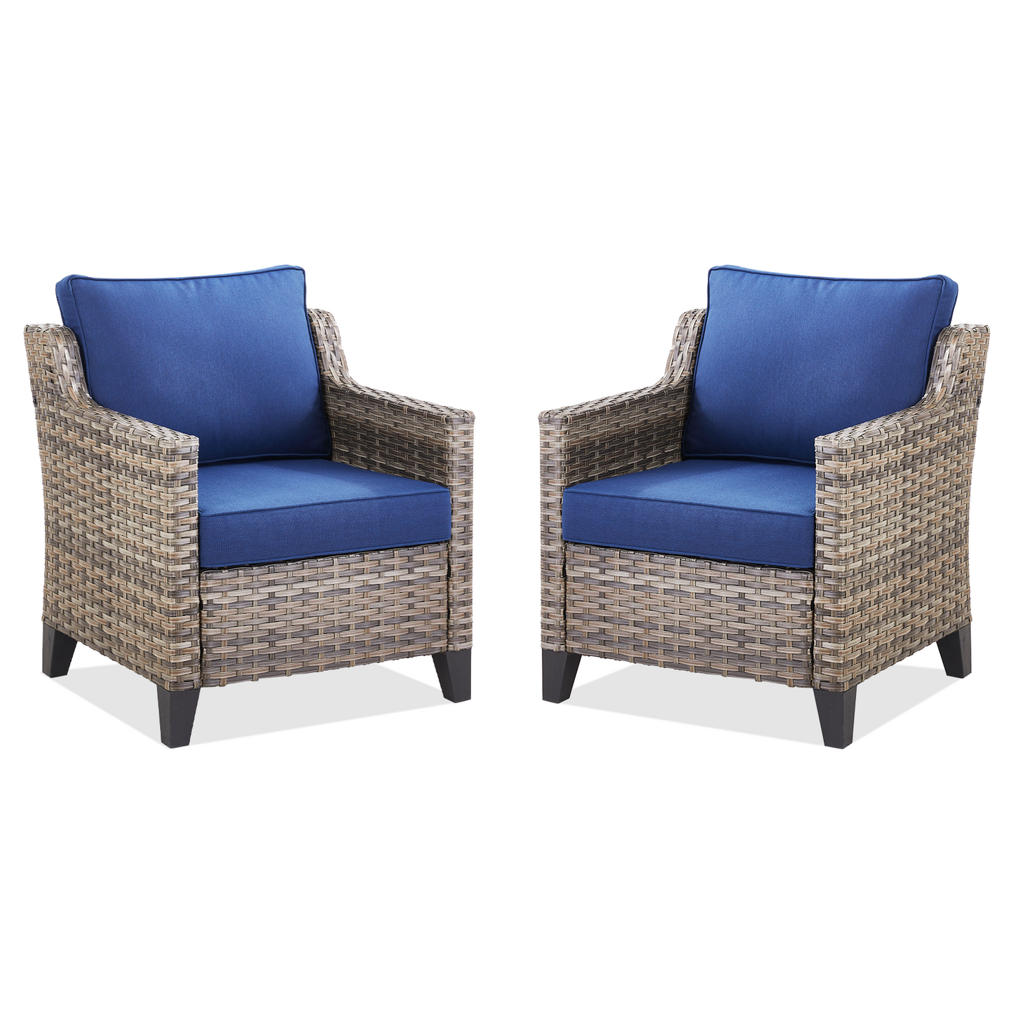 Outdoor Patio Arm Chairs set of 2 by HouseOfZazla with brown wicker and blue cushions on Tampa Home & Garden Store