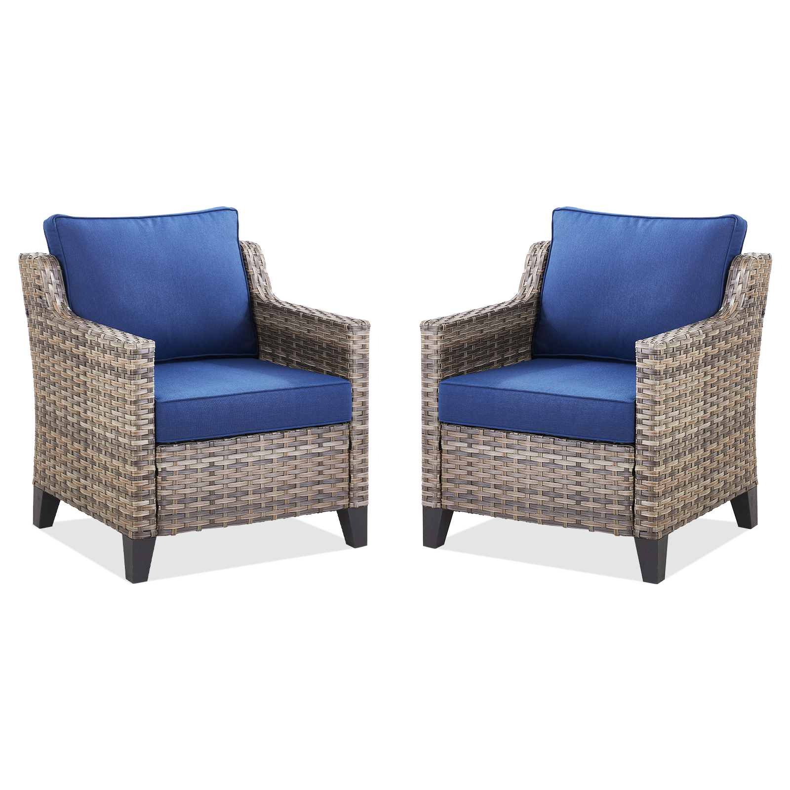 Outdoor Patio Arm Chairs set of 2 by HouseOfZazla with brown wicker and blue cushions on Tampa Home & Garden Store