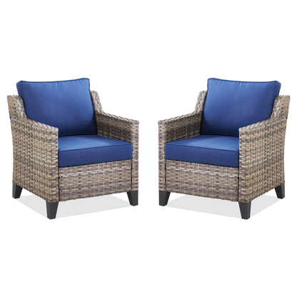 Outdoor Patio Arm Chairs set of 2 by HouseOfZazla with brown wicker and blue cushions on Tampa Home & Garden Store