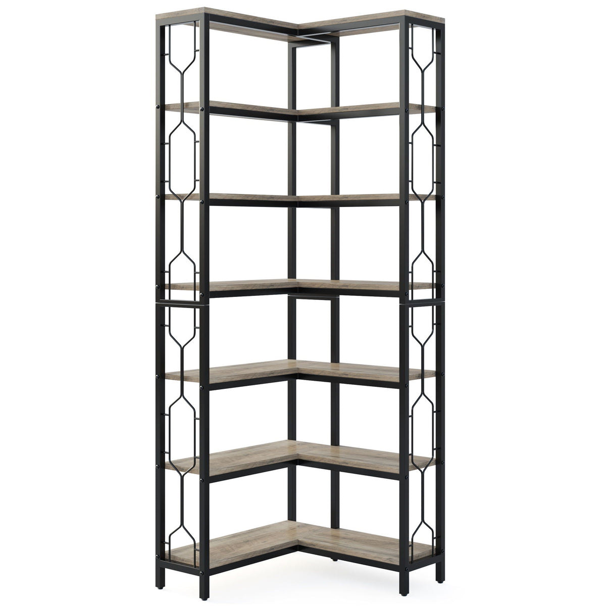 7 Tier Corner Bookshelf with Hexagonal Design dark brown wood shelves on black metal frame on Tampa Home & Garden Store
