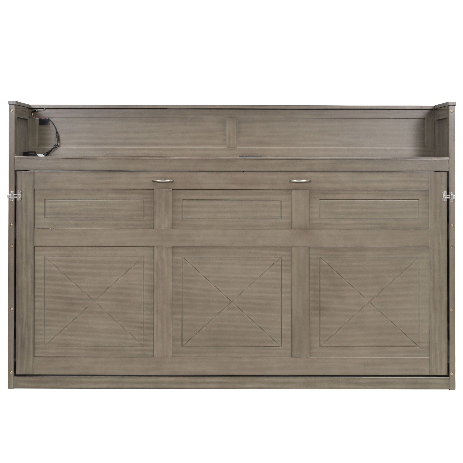 Murphy bed with desk and built-in LED light and USB charging station in gray wood finish on Tampa Home & Garden Store