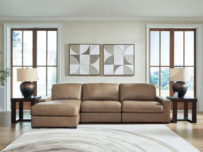 Veronella stationary sectional in tan leather with wood end tables in a cozy living room on Tampa Home & Garden Store
