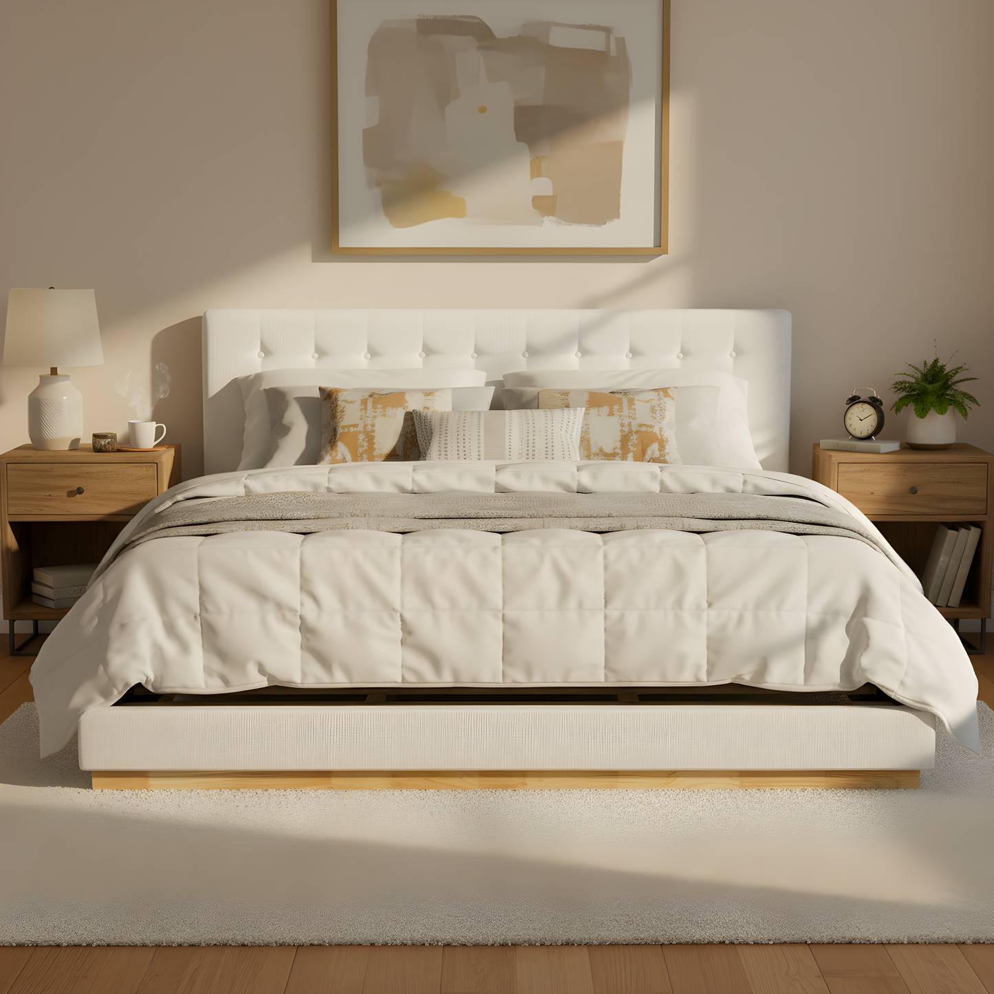 Solid rubber wood platform bed with upholstered white tufted headboard by HouseOfZazla on Tampa Home & Garden Store