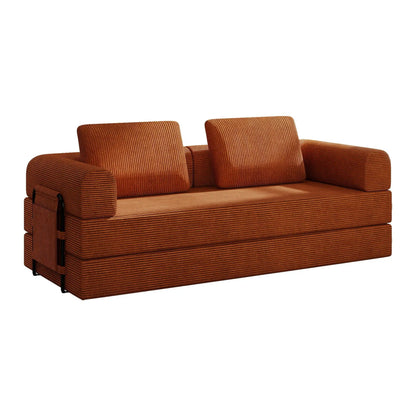 Convertible sleeper sofa bed with cylindrical pillows in brown corduroy fixed-frame futon on Tampa Home & Garden Store