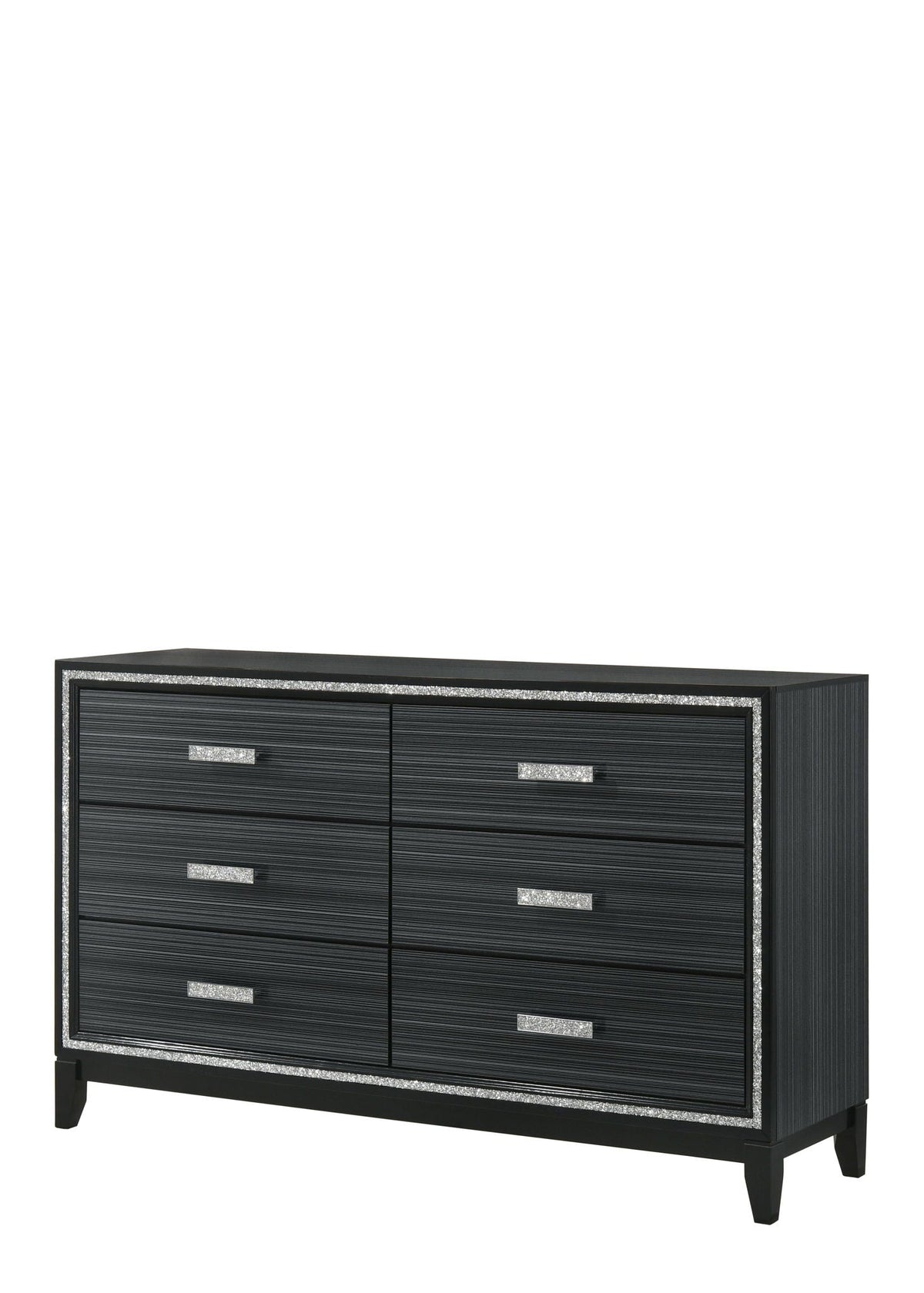 Haiden dresser by HouseOfZazla, black wood with silver glitter trim, 6-drawer storage on Tampa Home & Garden Store