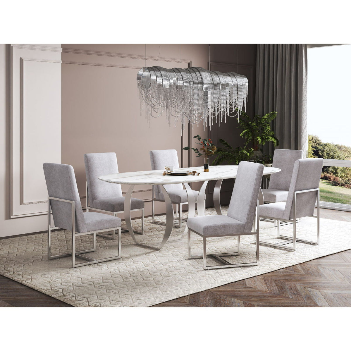 Element Dining Chair set of six, light gray fabric upholstery with chrome metal frames on Tampa Home & Garden Store