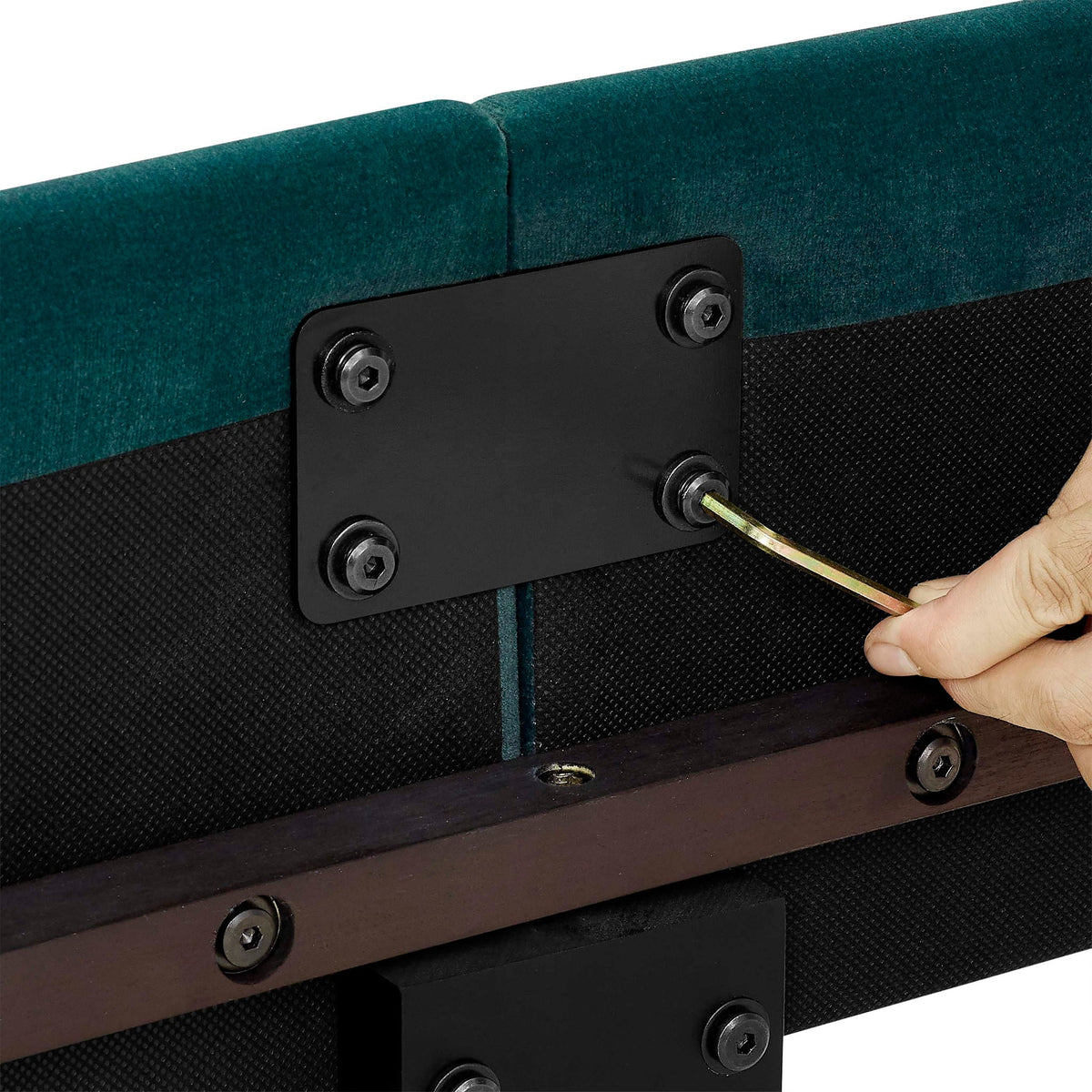 Tufted upholstered headboard platform bed in teal velvet with black mounting plate on Tampa Home & Garden Store
