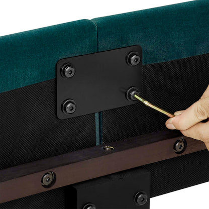 Tufted upholstered headboard platform bed in teal velvet with black mounting plate on Tampa Home & Garden Store