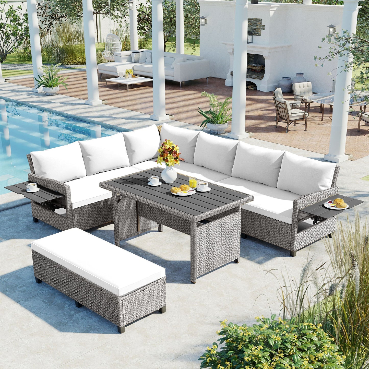Tomax 5-Piece Outdoor Patio Rattan Sofa Set with white cushions on gray wicker on Tampa Home & Garden Store