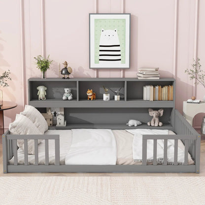 Floor Bed With Side Bookcase and Guard Rails