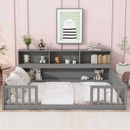 Floor bed with side bookcase and guardrails in gray, built-in shelves for toy storage on Tampa Home & Garden Store