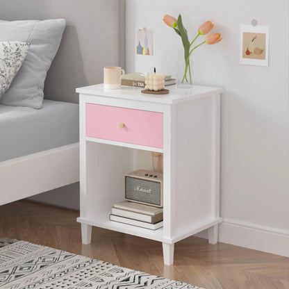 Nightstand w/ 1 drawer & 1 shelf, white with pink front, tulips and Marshall speaker on Tampa Home & Garden Store