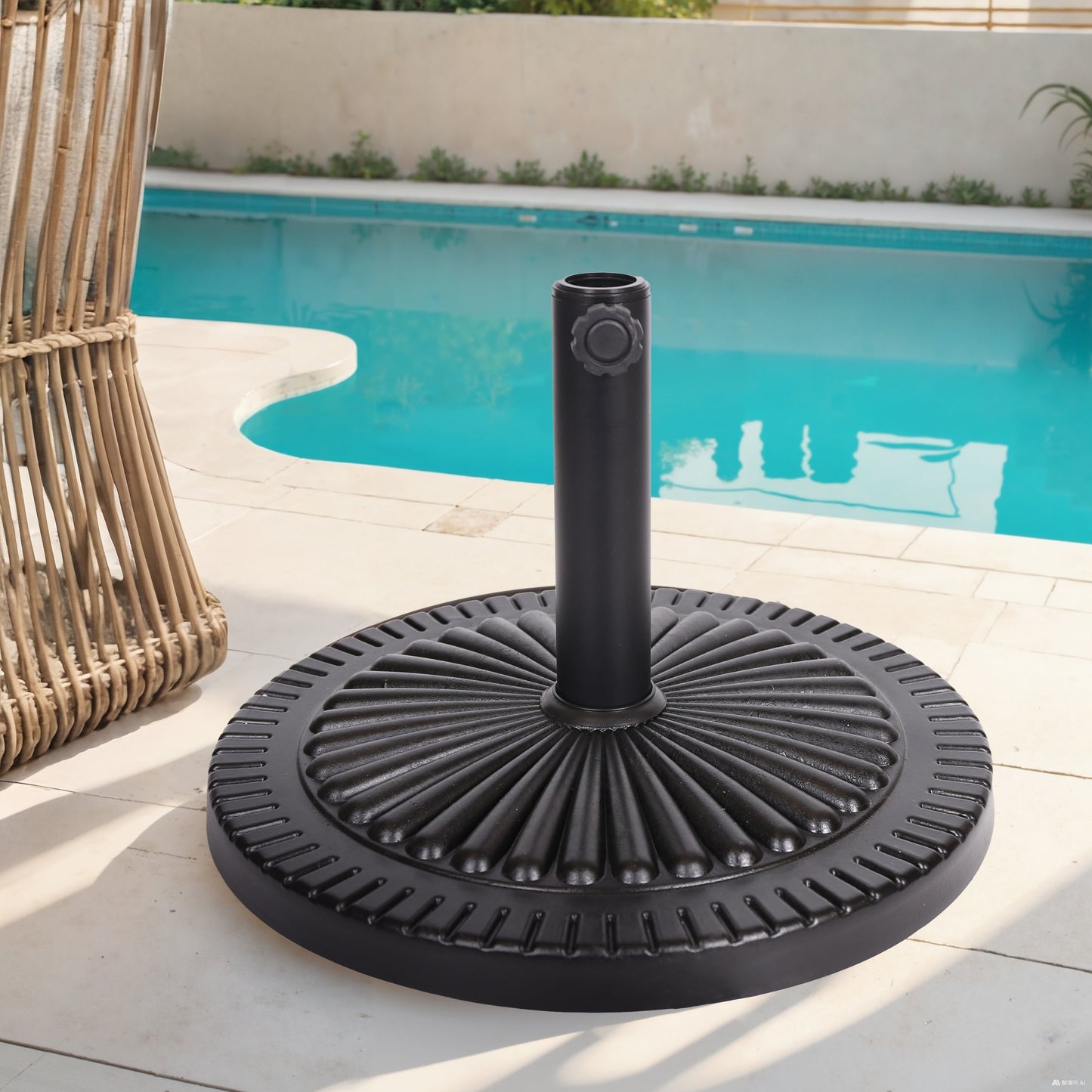 Black resin umbrella base with steel support, round textured base, poolside setting on Tampa Home & Garden Store