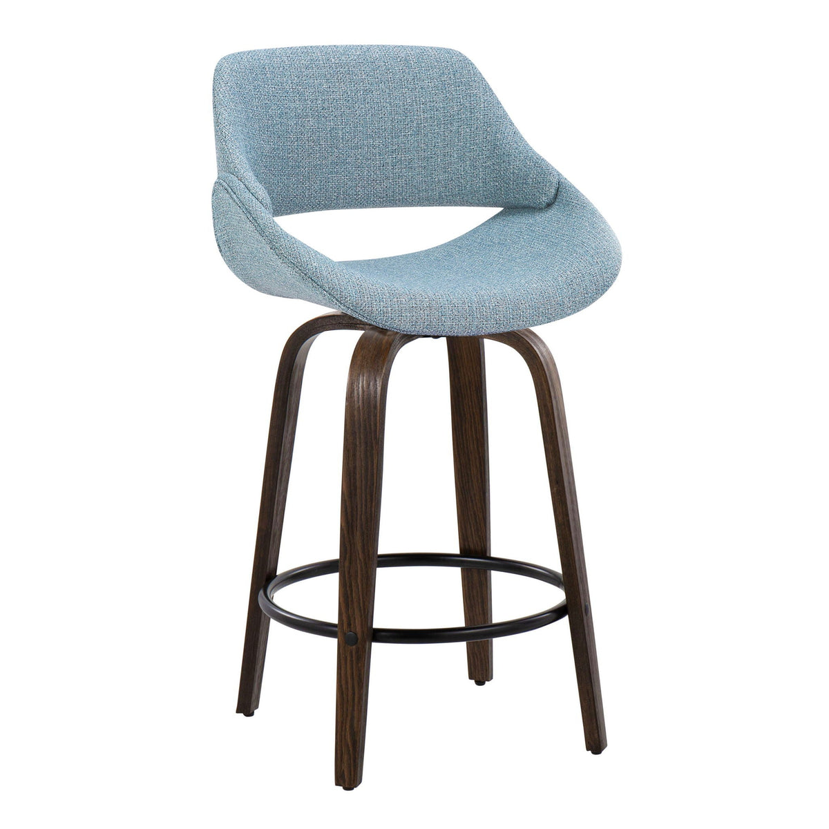 Mid Century Modern Counter Stool blue fabric with round footrest and dark wood legs HouseOfZazla on Tampa Home & Garden Store