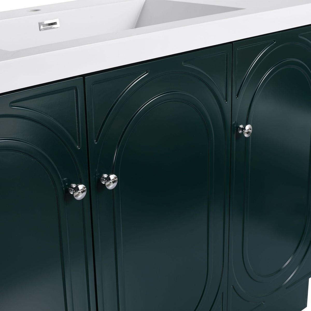 Freestanding bathroom vanity by HouseOfZazla with soft close, dark teal paneled doors on Tampa Home & Garden Store