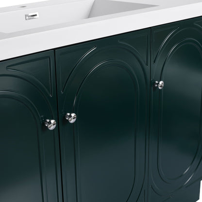 Freestanding bathroom vanity by HouseOfZazla with soft close, dark teal paneled doors on Tampa Home & Garden Store