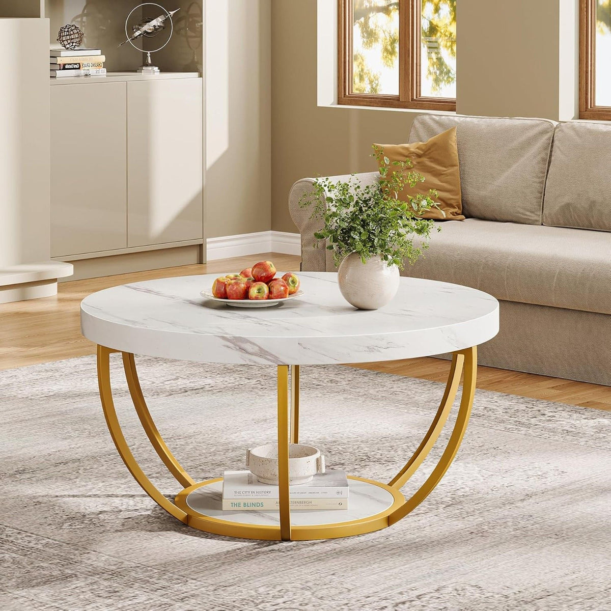 2 Tier Circle Coffee Table with Storage Shelves; white marble top, gold curved legs on Tampa Home & Garden Store