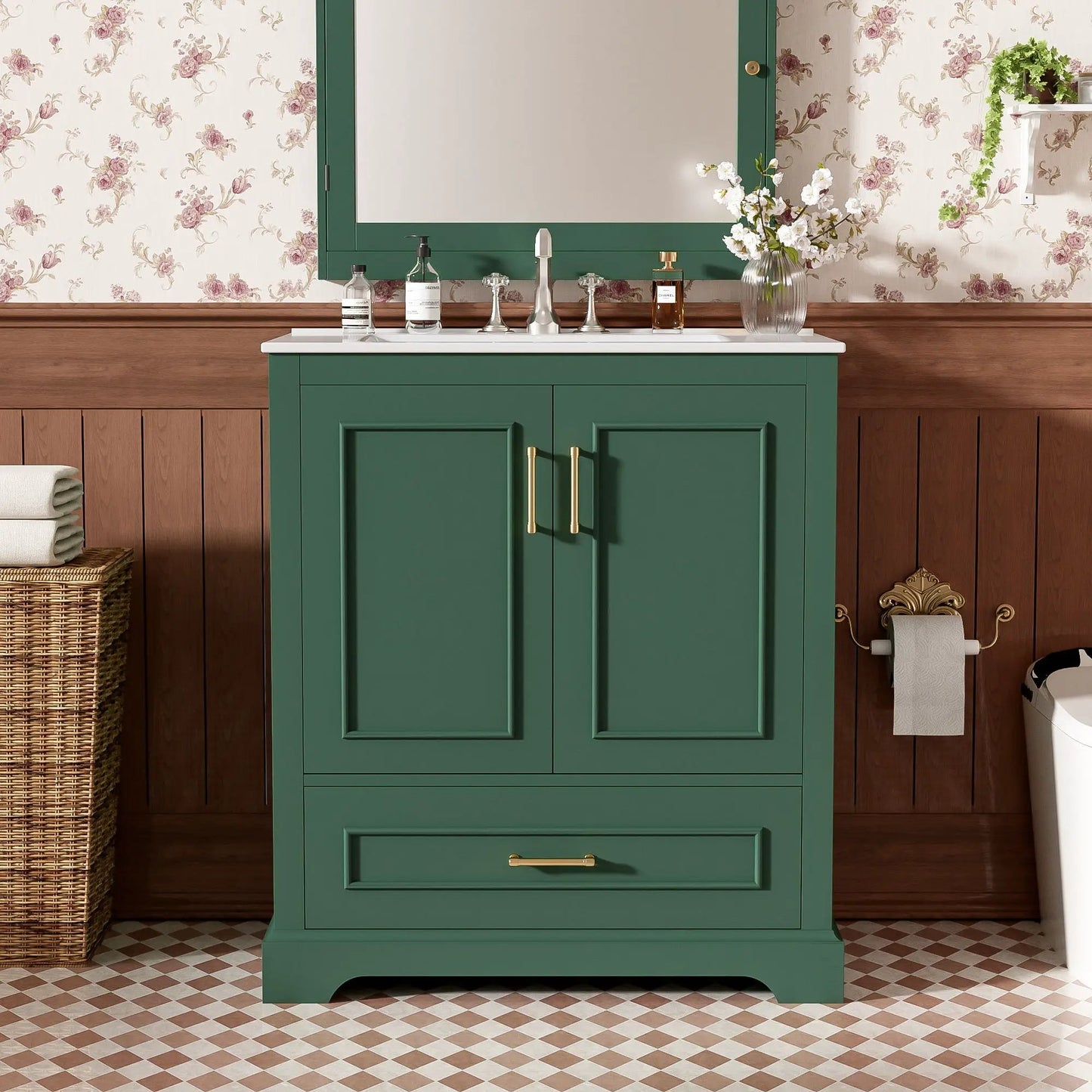 Bathroom vanity with sink in green finish, 2 soft-close doors, 1 divided drawer, gold hardware on Tampa Home & Garden Store