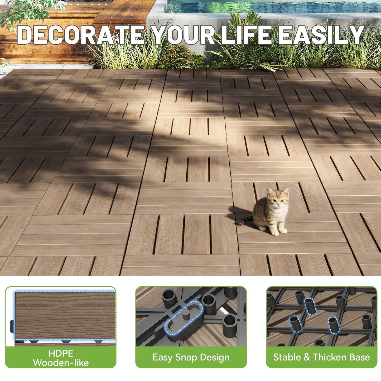 Interlocking deck tiles 27-piece set in wood-like HDPE, 12x12in outdoor flooring for patios on Tampa Home & Garden Store