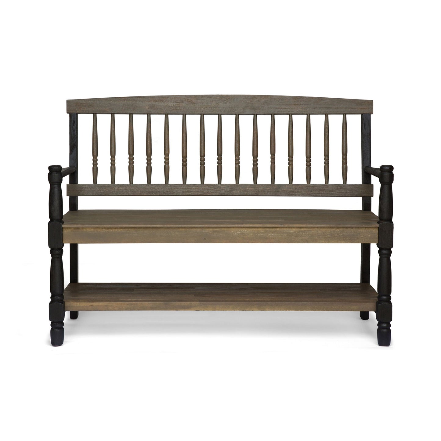 Slatted bench with built-in shelf by HouseOfZazla, dark brown wood, spindle back on Tampa Home & Garden Store