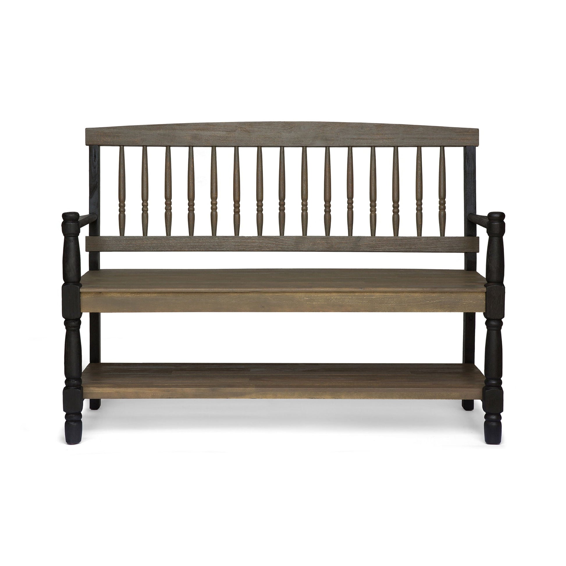 Slatted bench with built-in shelf by HouseOfZazla, dark brown wood, spindle back on Tampa Home & Garden Store