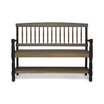 Slatted bench with built-in shelf by HouseOfZazla, dark brown wood, spindle back on Tampa Home & Garden Store