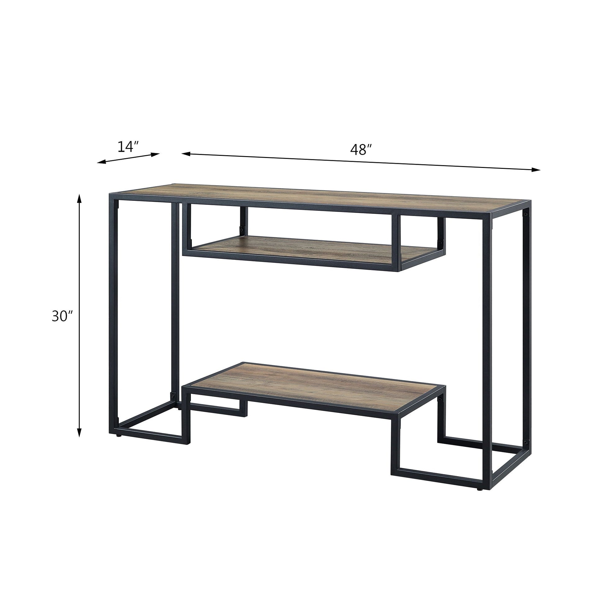 Idella sofa table Rustic Oak Black with wood top and metal frame, 48in long, 14in deep on Tampa Home & Garden Store