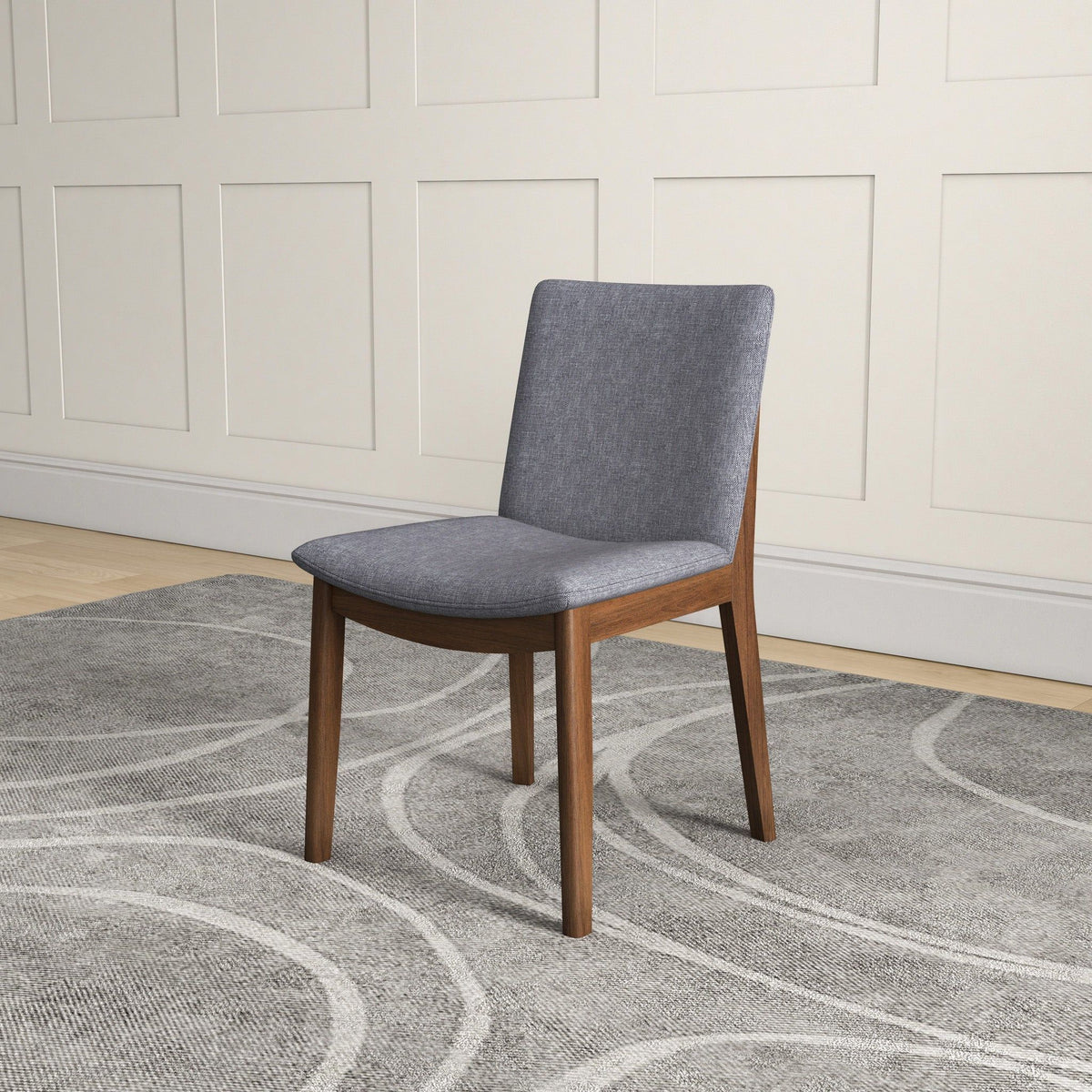 Mid-Century Modern dining chair with solid wood frame and gray fabric upholstery on Tampa Home & Garden Store