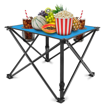 GemGear foldable camping table with blue top, X-frame legs and two cup holders on Tampa Home & Garden Store