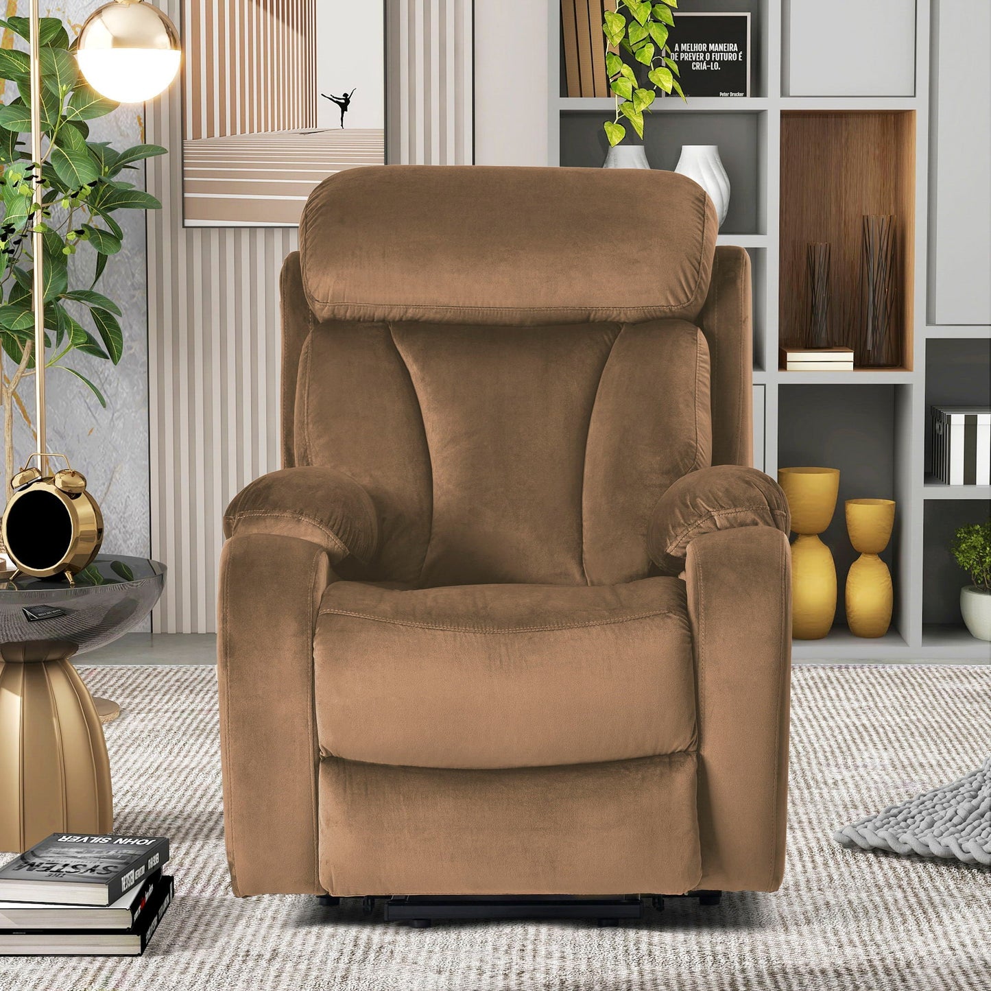 Brown cashmere fabric lift chair recliner in a modern living room with shelving on Tampa Home & Garden Store