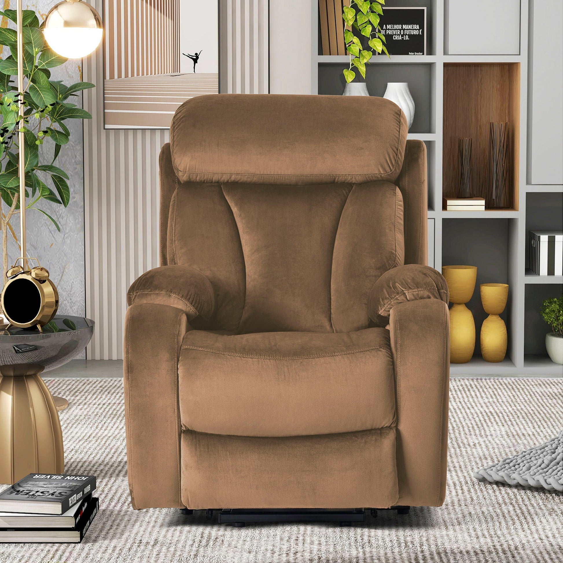Brown cashmere fabric lift chair recliner in a modern living room with shelving on Tampa Home & Garden Store