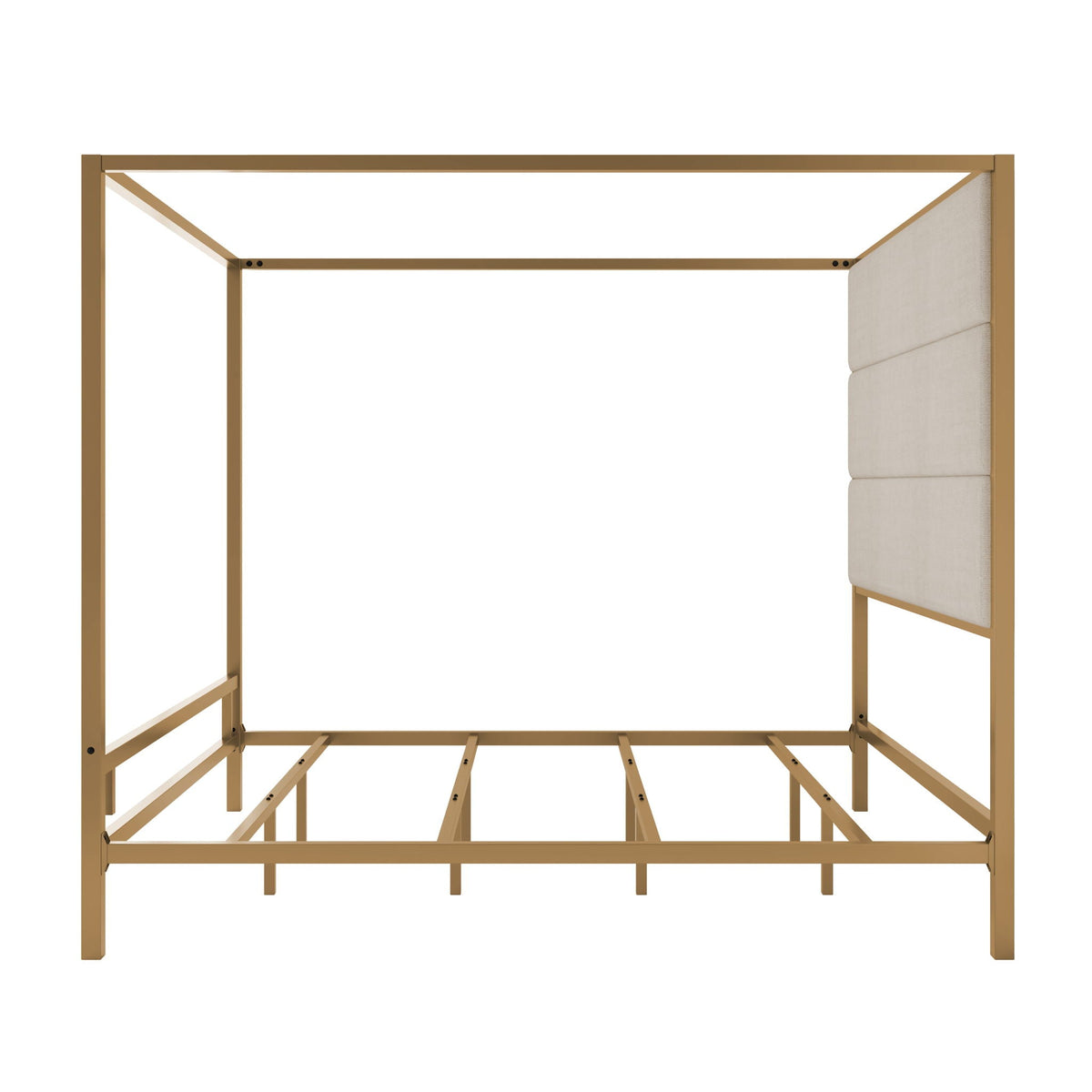 Canopy Bed With Tall Upholstered Headboard, 4 Poster Frame in gold metal and beige upholstery on Tampa Home & Garden Store