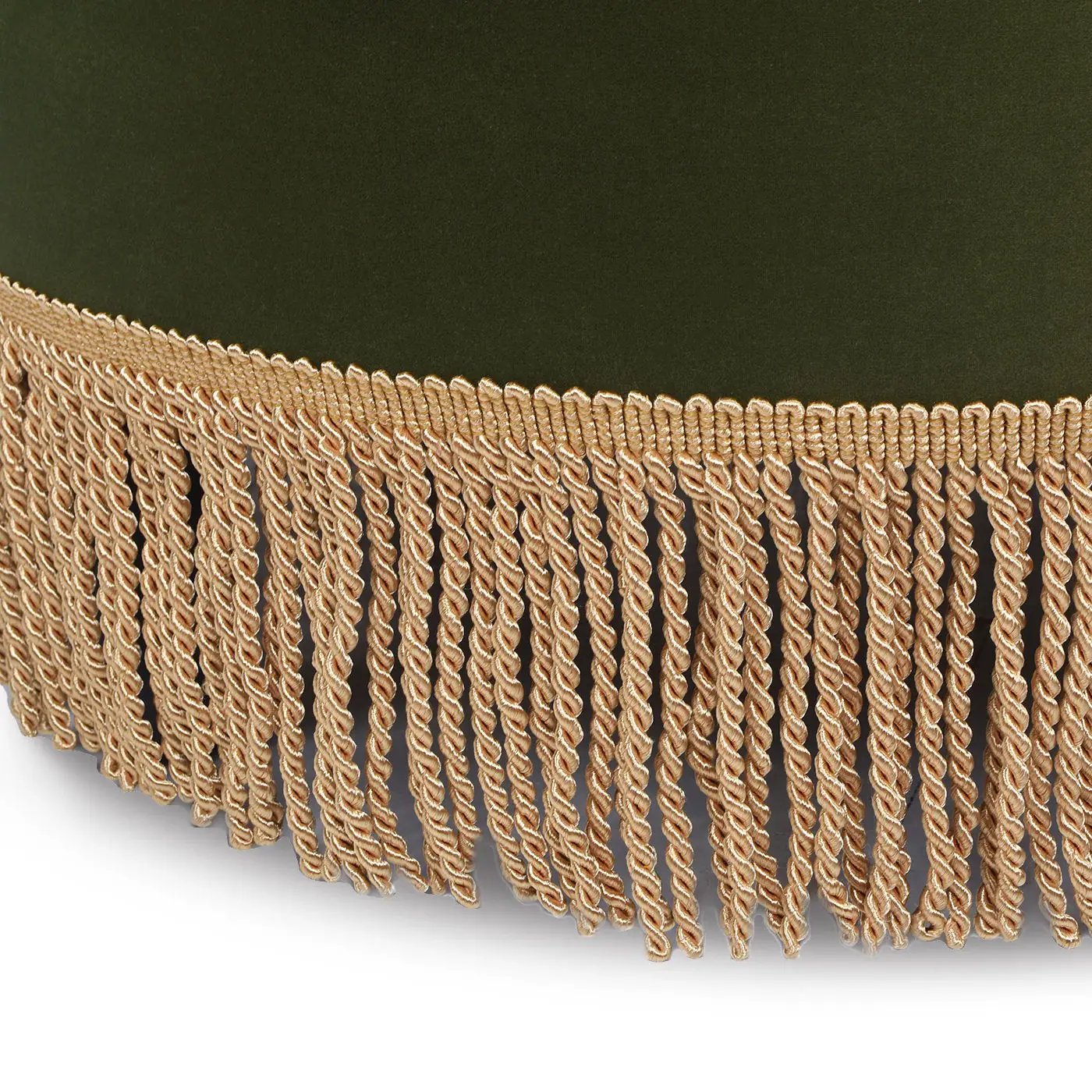 Yolanda round upholstered ottoman green fabric with gold fringe trim Unique Piece Furniture on Tampa Home & Garden Store