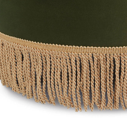 Yolanda round upholstered ottoman green fabric with gold fringe trim Unique Piece Furniture on Tampa Home & Garden Store