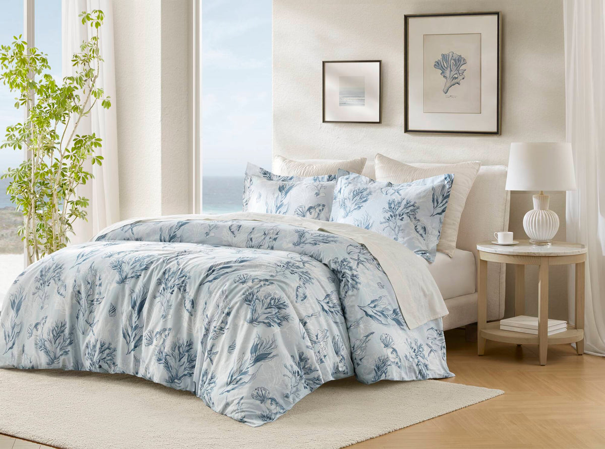 King duvet cover set navy blue botanical print in 100% cotton sateen on Tampa Home & Garden Store
