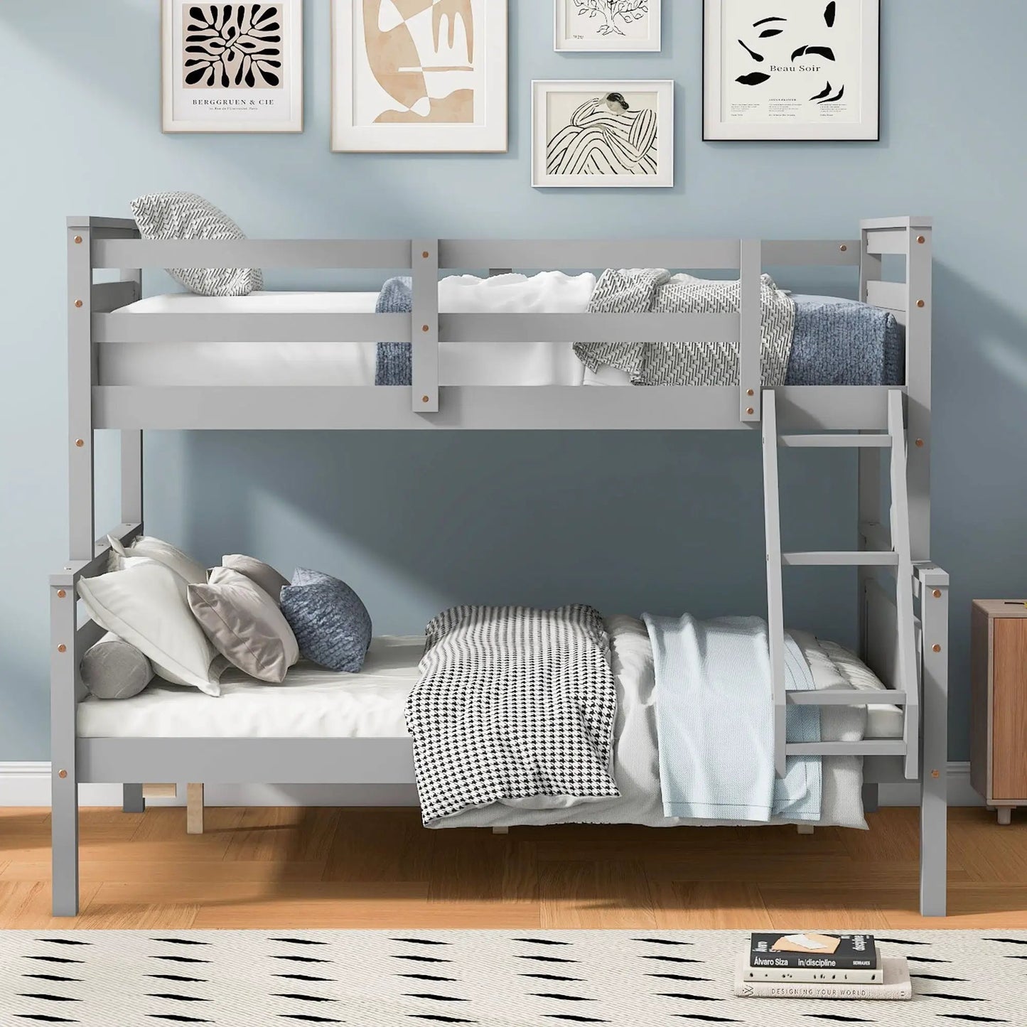 Bunk Bed With Ladder And Safety Guardrail in gray frame with dual bunks on Tampa Home & Garden Store